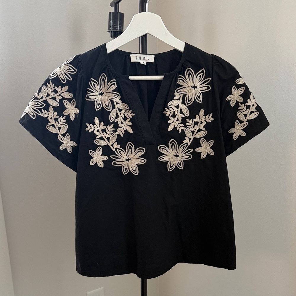THML Black Top with White Floral Embroidery